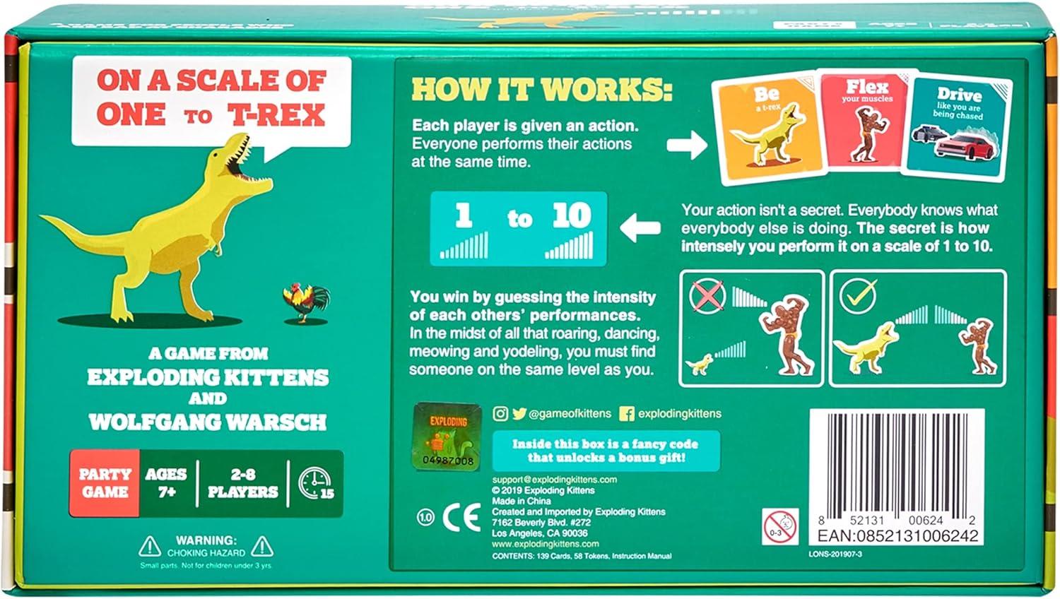 imageExploding Kittens On a Scale of One to TRex 28 Players  Ages 7  15 Minutes to Play  Charades Style Acting Card Game  Party Game Family Game Night Kid and Adult Card GameTRex NEW Game