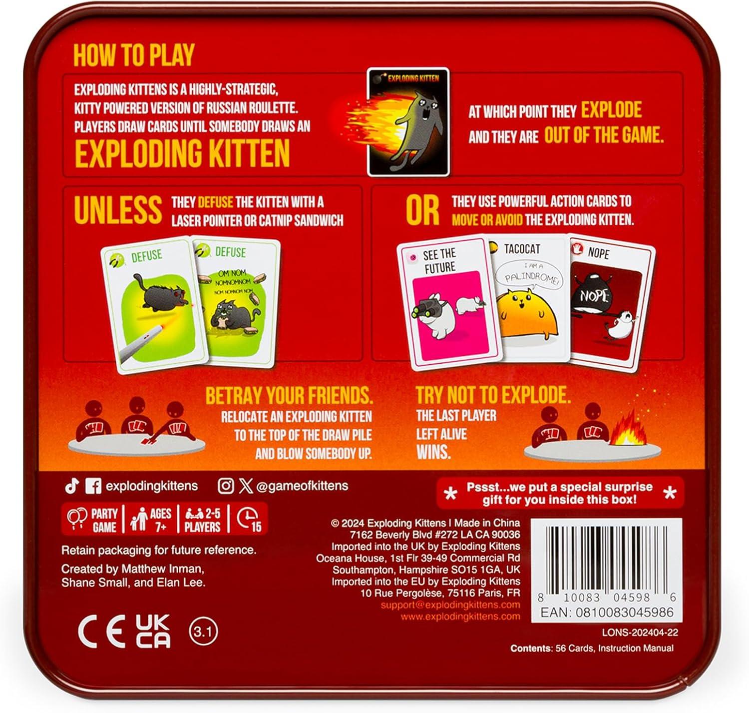 imageExploding Kittens Original Edition in Collectible Tin  Fun ampamp Hilarious Card Game for Kids and Adults Ideal for Party Family Game Night and Party 56 Cards IncludedTravel Ready Tin