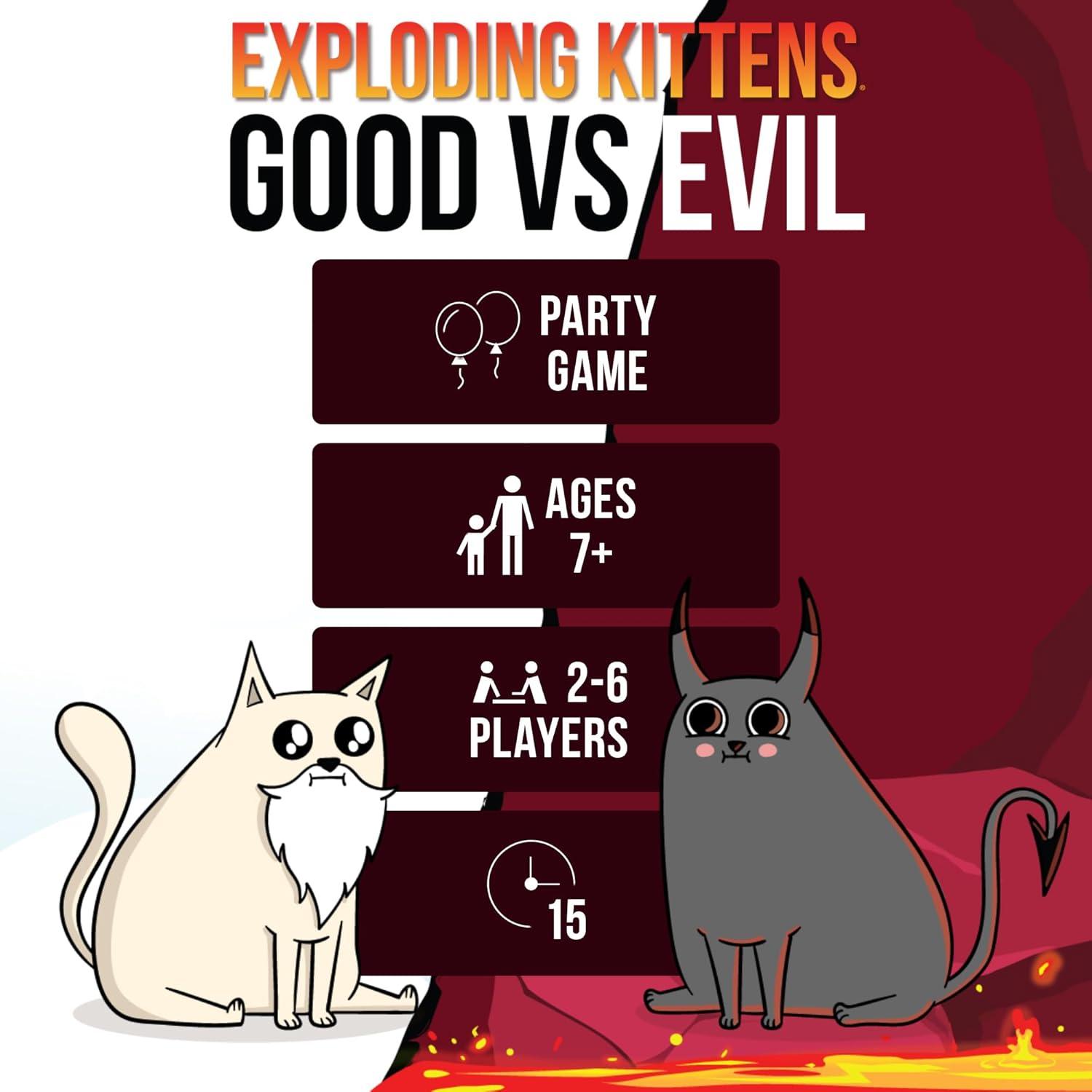 imageExploding Kittens Original Edition in Collectible Tin  Fun ampamp Hilarious Card Game for Kids and Adults Ideal for Party Family Game Night and Party 56 Cards IncludedGood vs Evil