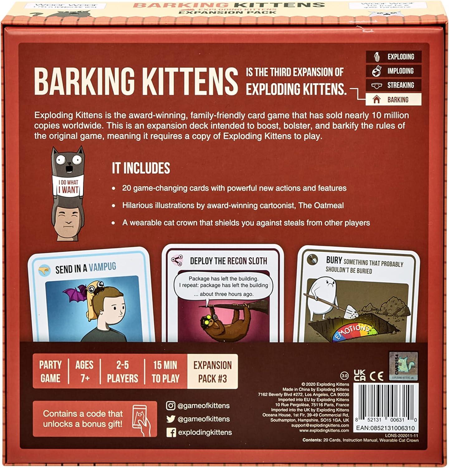 imageExploding Kittens Original Edition in Collectible Tin  Fun ampamp Hilarious Card Game for Kids and Adults Ideal for Party Family Game Night and Party 56 Cards IncludedExpansion Barking Kittens