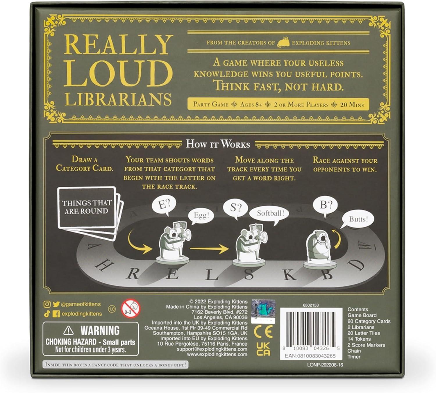 imageExploding Kittens Really Loud Librarians 2 Players  Ages 8  20 Minutes to Play  Fast Paced Word Shouting Board Game  Party Game Family Game Night Kid and Adult Card Game