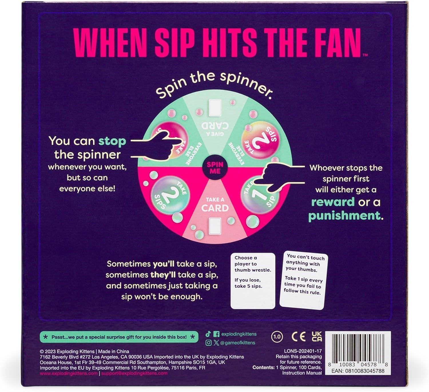 imageExploding Kittens When Sip Hits The Fan 28 Players  Ages 21  10 Minutes to Play  Drinking Game with Spinner  Party Game Adult Game Night Drinking Card Game