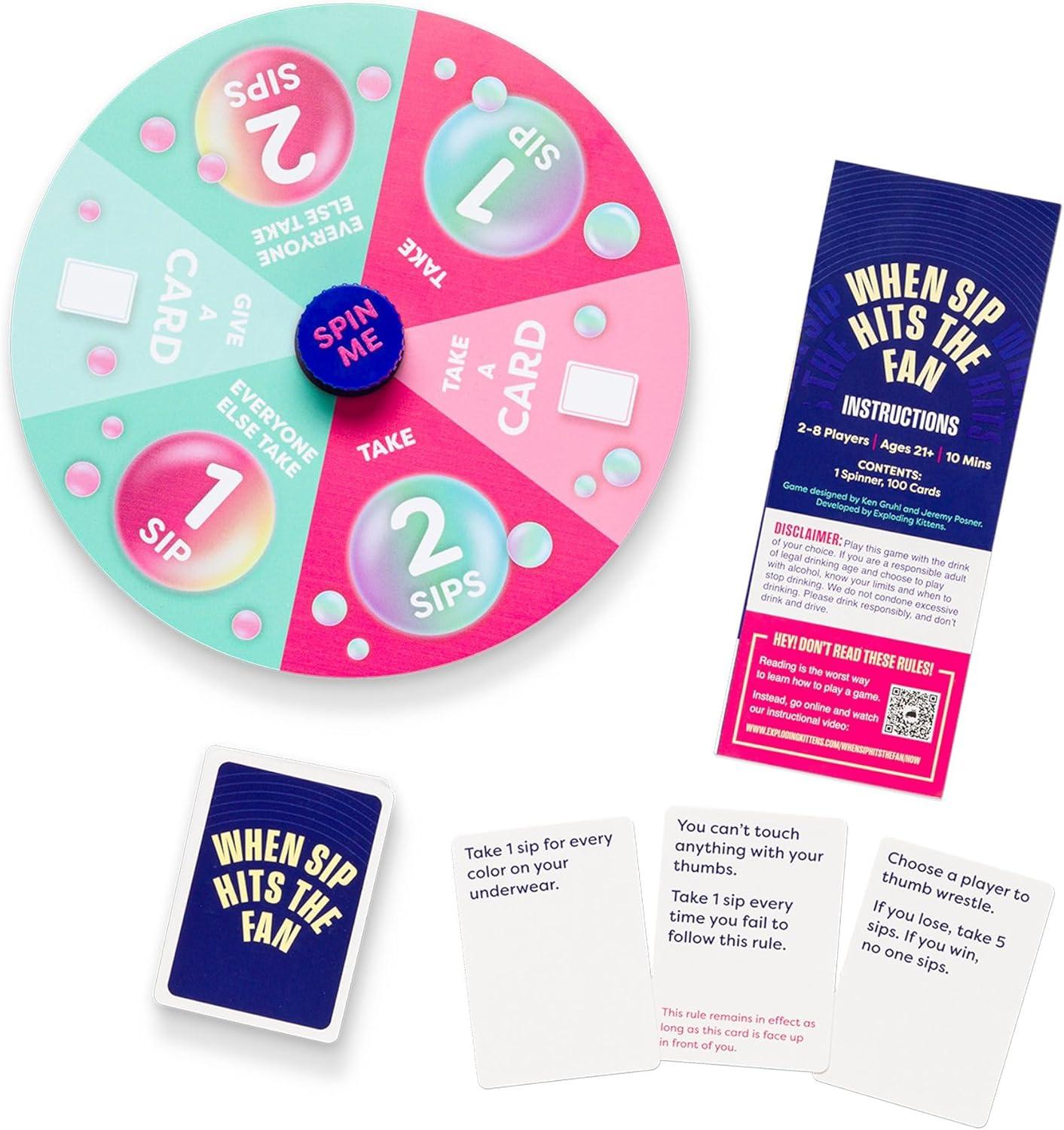imageExploding Kittens When Sip Hits The Fan 28 Players  Ages 21  10 Minutes to Play  Drinking Game with Spinner  Party Game Adult Game Night Drinking Card Game
